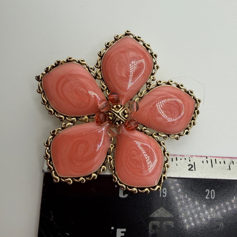 Vintage Floral Brooch with Pink Petals and Gold Accents 1-3/4” - Picture 3 of 4
